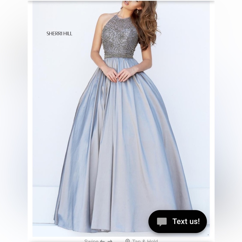 Sherri Hill Elegant Grey Satin Dress with blue beads